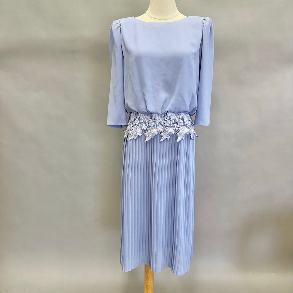 Miss Elliette Vintage 80s Periwinkle Blouson Accordian Pleat Midi Dress Size‎ 10